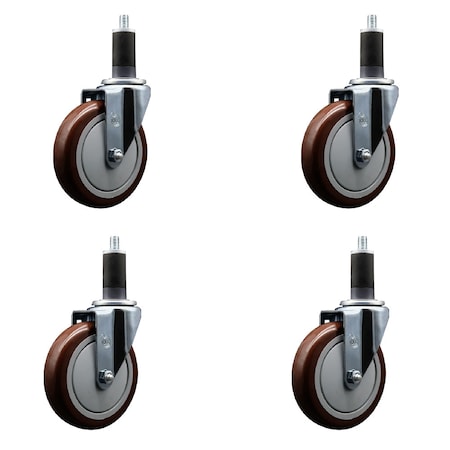 Service Caster 5'' Maroon Poly Wheel Swivel 1-1/4'' Expanding Stem Caster Set, 4PK SCC-EX20S514-PPUB-MRN-114-4